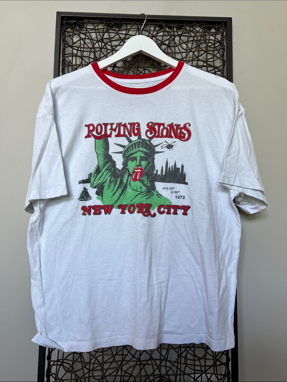 Rolling Stones "New York City 1972" graphic white red ringer tshirt Unisex Men M